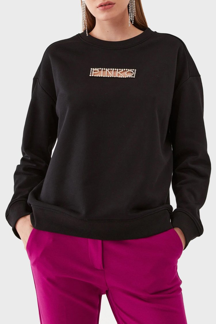 Pinko % 100 Pamuk Parlak Taş Logolu Bisiklet Yaka Regular Fit Kadın Sweat 101607 A12I Z99 SİYAH - Pinko