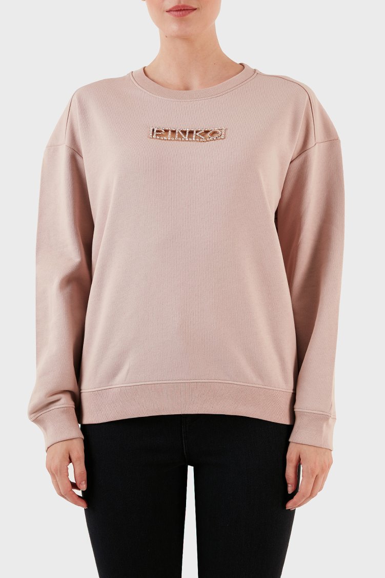 Pinko % 100 Pamuk Parlak Taş Logolu Bisiklet Yaka Regular Fit Kadın Sweat 101607 A12I D46 PUDRA - Pinko