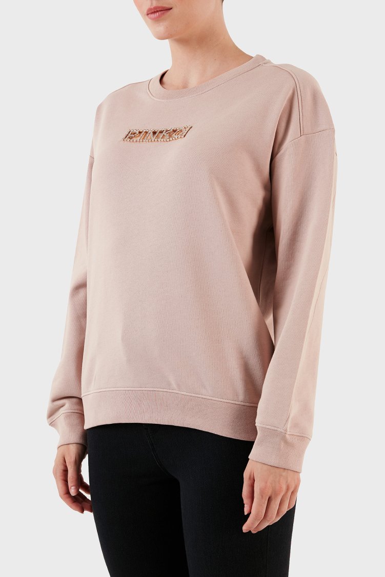Pinko % 100 Pamuk Parlak Taş Logolu Bisiklet Yaka Regular Fit Kadın Sweat 101607 A12I D46 PUDRA - Pinko (1)