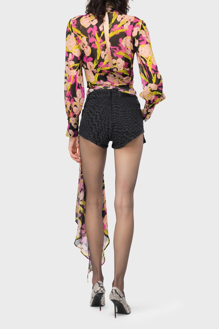 Pinko Çiçek Desenli Dekolteli Belden Bağlamalı Regular Fit Kadın Bluz 101765 A155 ZY5 Pembe-Sarı - Pinko (1)