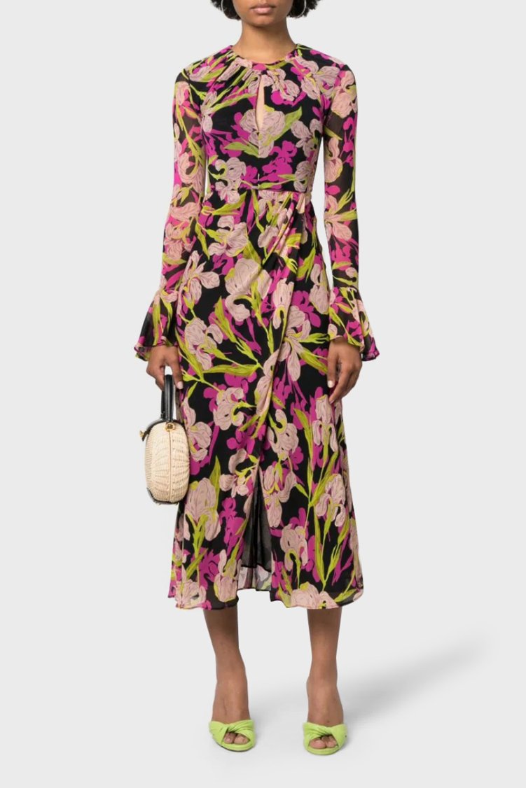 Pinko Çiçek Desenli Fırfırlı Yırtmaçlı Dekolteli Regular Fit Kadın Elbise 101834 A154 ZY5 Pembe-Siyah-Sarı - Pinko