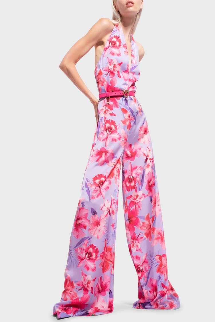 Pinko Çiçek Desenli Halter Yaka Geniş Paça Kadın Tulum 100761 A0M8 YNB LİLA - Pinko