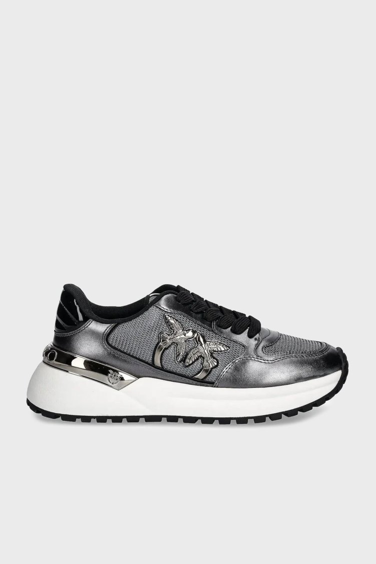 Pinko Logolu Hakiki Deri Kalın Taban Sneaker Bayan Ayakkabı SS0055 P105 KZ7 KOYU GRİ - Pinko