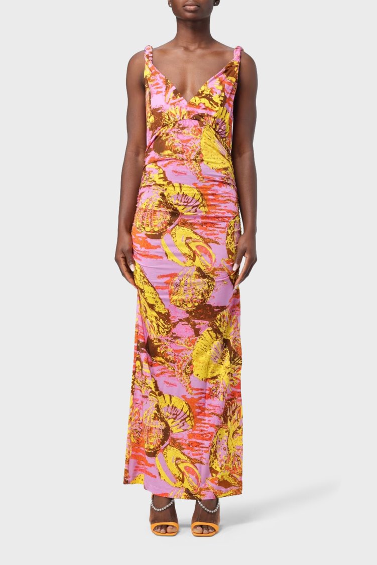 Pinko V Yaka Askılı Uzun Kadın Elbise 103286A1PCNH6 Pembe-Sarı - Pinko
