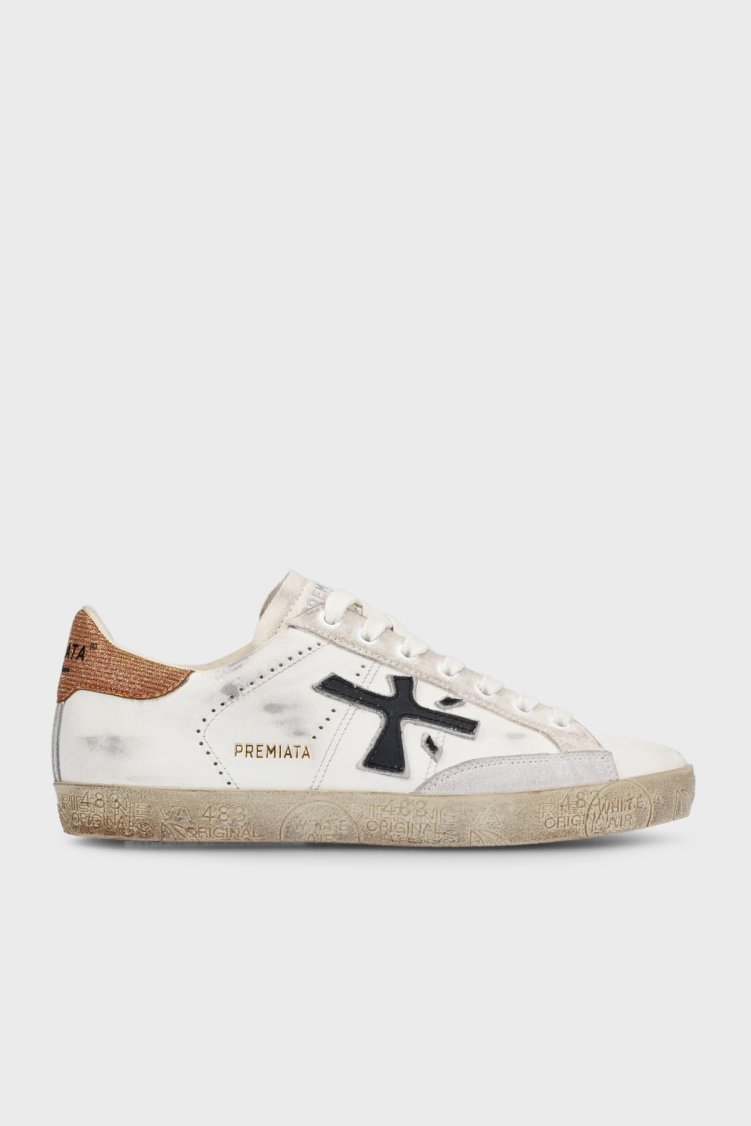 Premiata Deri Logolu Sneaker Bayan Ayakkabı STEVEND 6664 BEYAZ-GOLD - Premiata