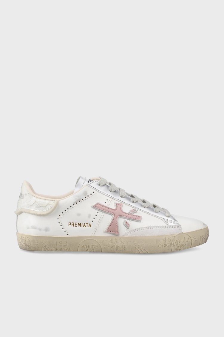 Premiata Logolu Hakiki Deri Vintage Sneaker Bayan Ayakkabı STEVEND 7281 EKRU - Premiata