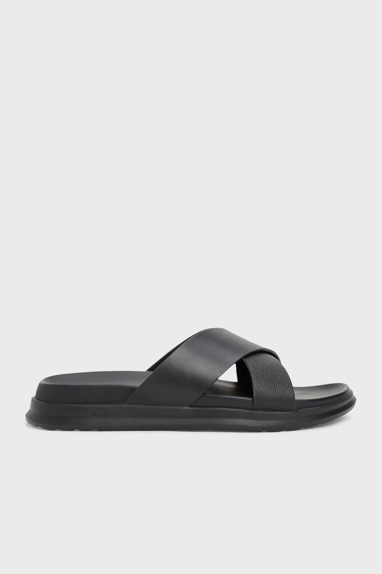 Tommy Hilfiger % 100 Deri Çapraz Çift Bantlı Erkek Sandalet FM0FM05358 BDS SİYAH - Tommy Hilfiger
