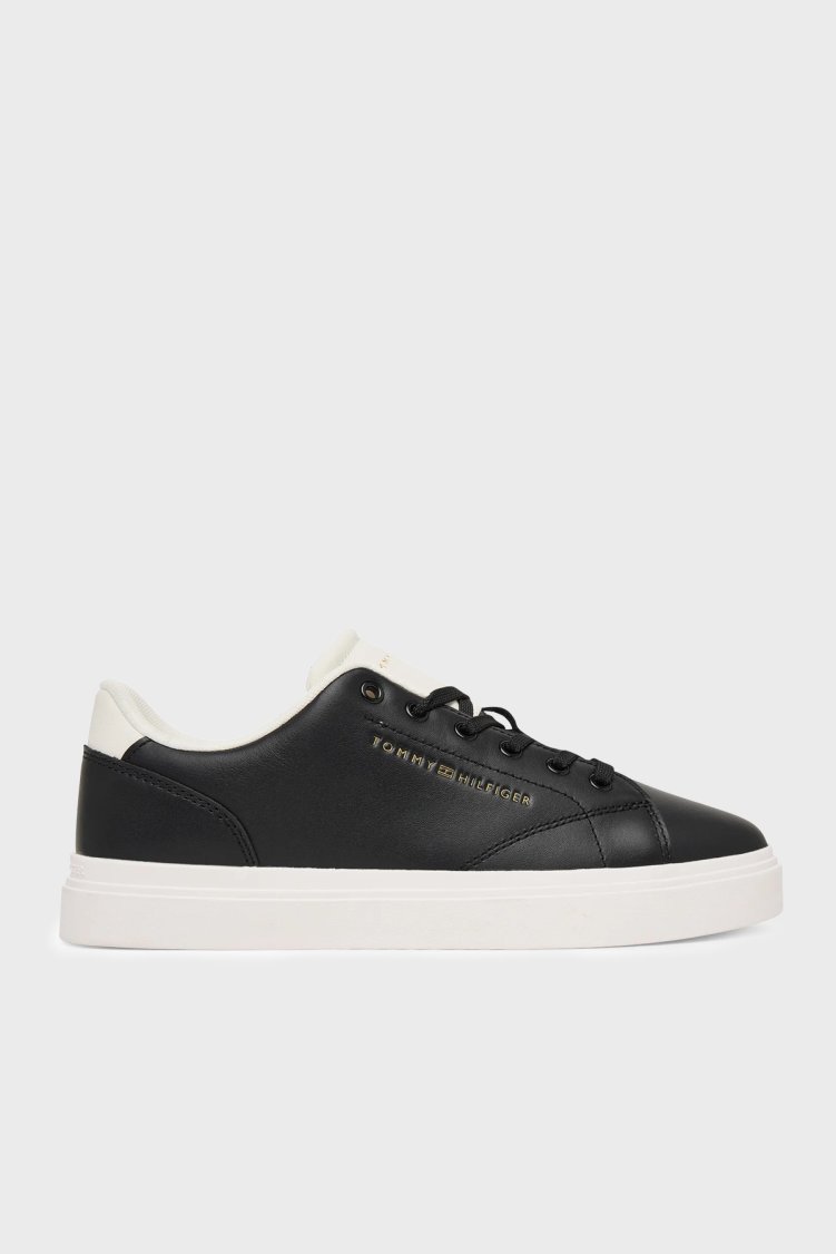Tommy Hilfiger % 100 Deri Logolu Sneaker Kadın Ayakkabı FW0FW09105 0GJ SİYAH - Tommy Hilfiger