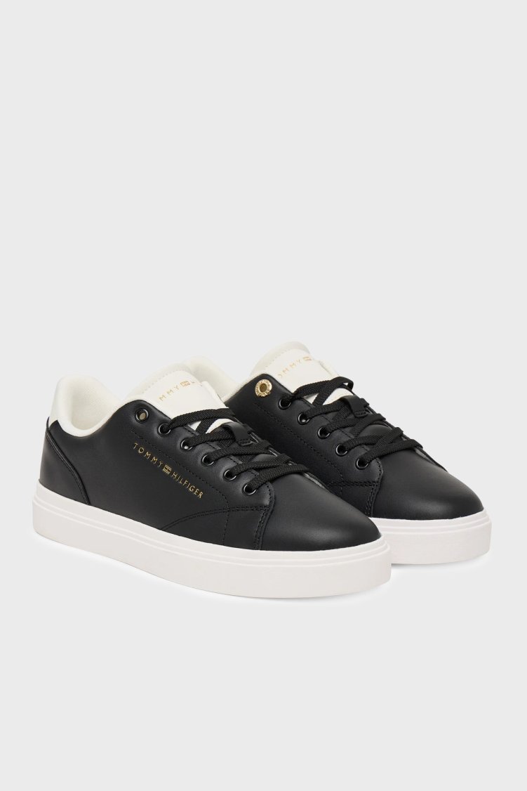 Tommy Hilfiger % 100 Deri Logolu Sneaker Kadın Ayakkabı FW0FW09105 0GJ SİYAH - Tommy Hilfiger (1)