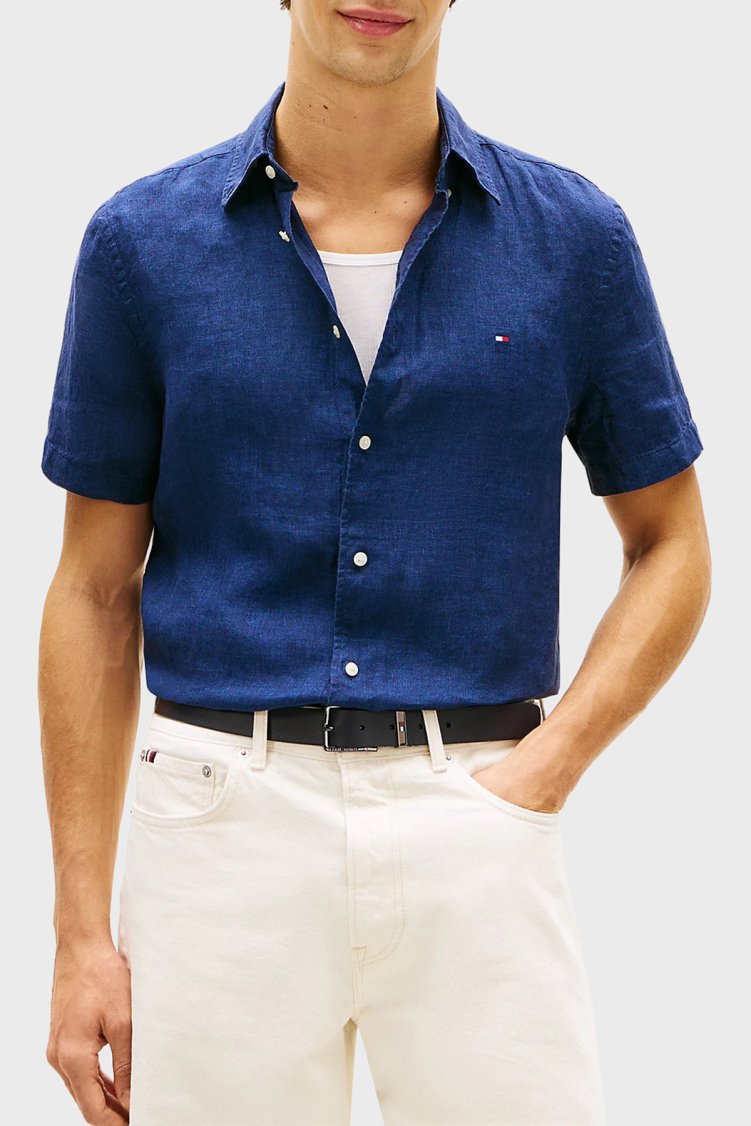 Tommy Hilfiger % 100 Keten Regular Fit Kısa Kollu Erkek Gömlek MW0MW41531 DCC LACİVERT - Tommy Hilfiger