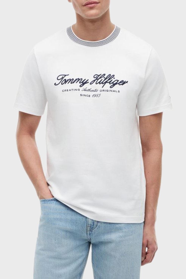 Tommy Hilfiger % 100 Pamuk İşlemeli Yaka Regular Fit Erkek T Shirt MW0MW43211 YBR Beyaz - Tommy Hilfiger