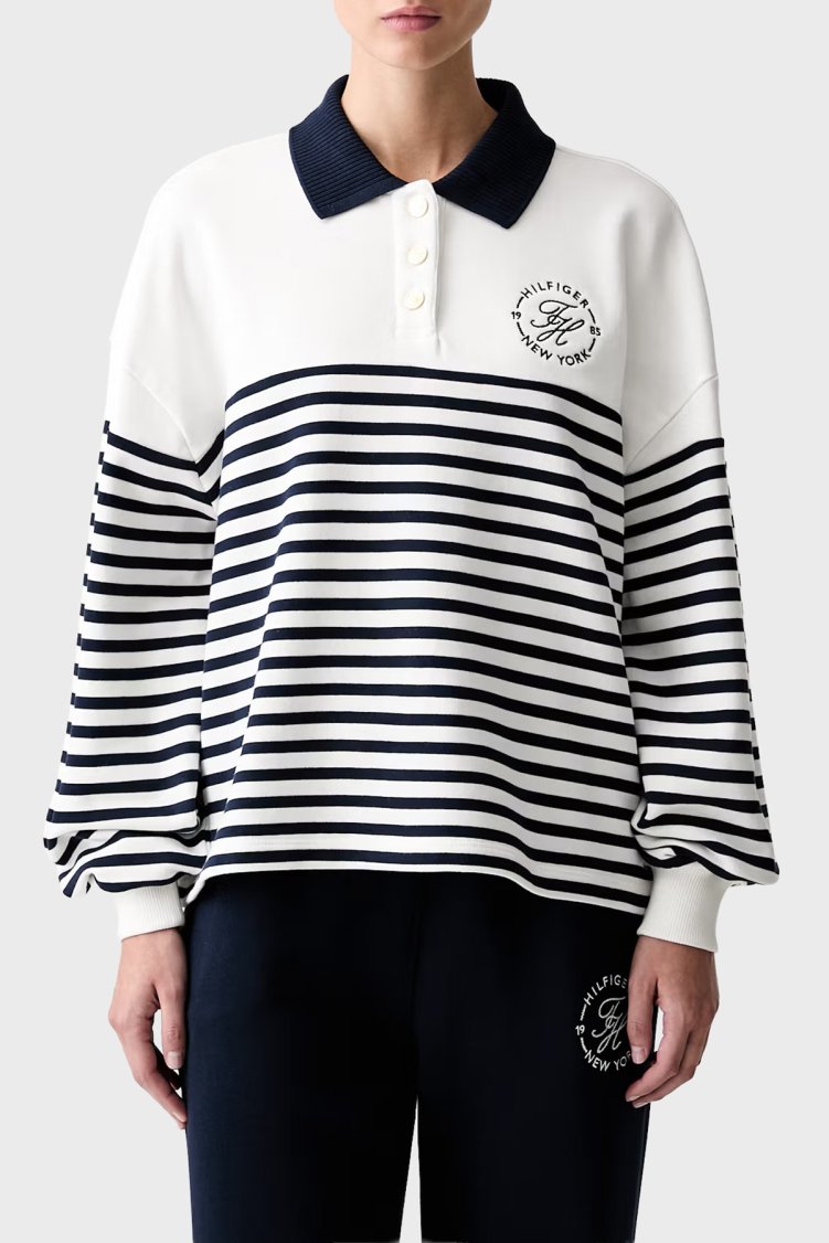Tommy Hilfiger %100 Pamuk Logolu Relaxed Fit Kadın Sweat WW0WW50036 0FG Beyaz-lacivert - Tommy Hilfiger