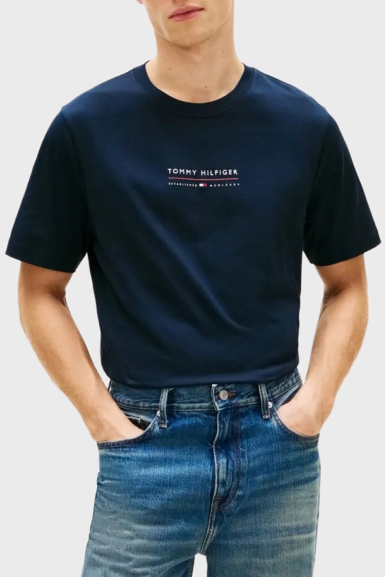 Tommy Hilfiger % 100 Pamuk Regular Fit Bisiklet Yaka Erkek T Shirt MW0MW42363 DW5 LACİVERT - Tommy Hilfiger