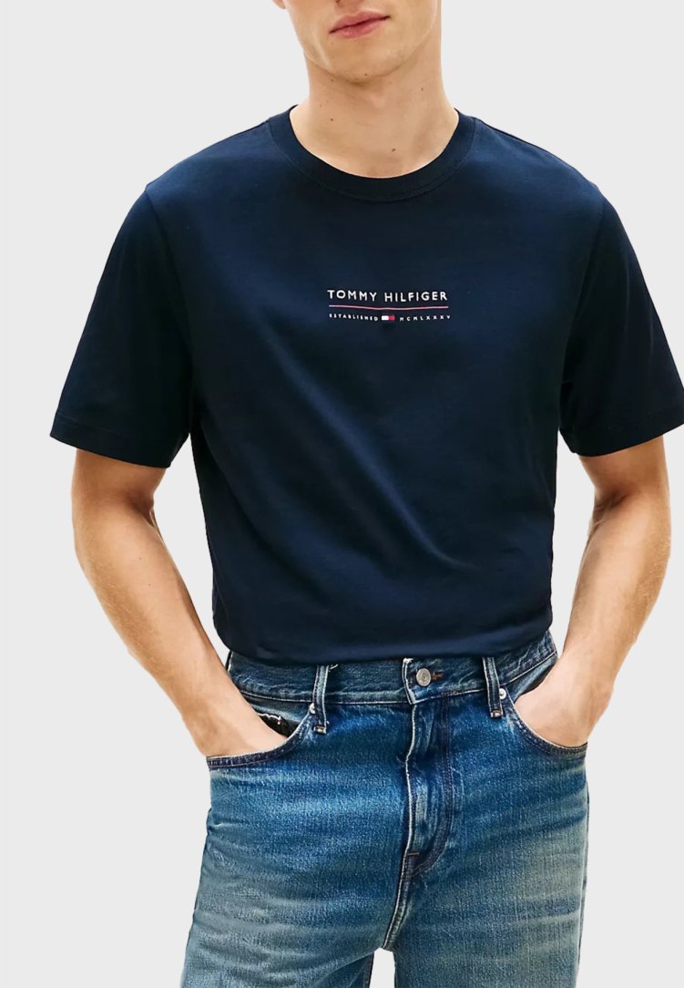 Tommy Hilfiger % 100 Pamuk Regular Fit Bisiklet Yaka Erkek T Shirt MW0MW42363 DW5 Lacivert - Tommy Hilfiger