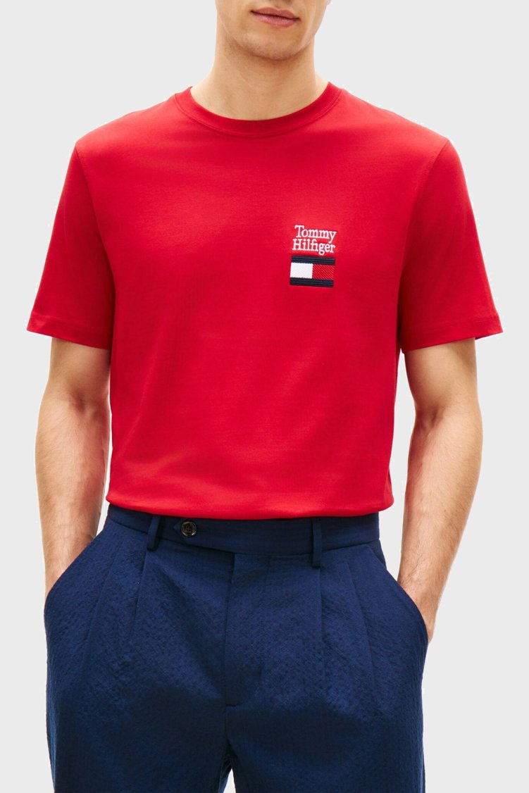 Tommy Hilfiger % 100 Pamuk Regular Fit Bisiklet Yaka Erkek T Shirt MW0MW42367 XLD KIRMIZI - Tommy Hilfiger