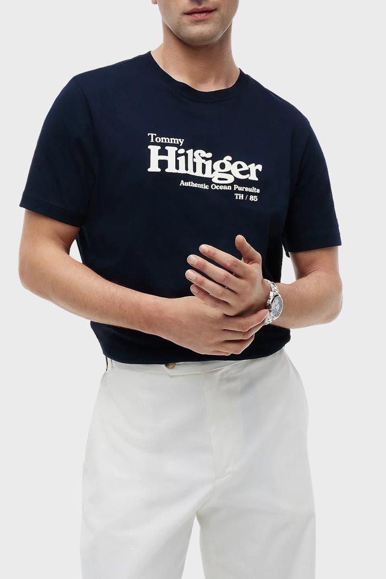 Tommy Hilfiger % 100 Pamuk Regular Fit Bisiklet Yaka Erkek T Shirt MW0MW43448 DW5 Lacivert - Tommy Hilfiger