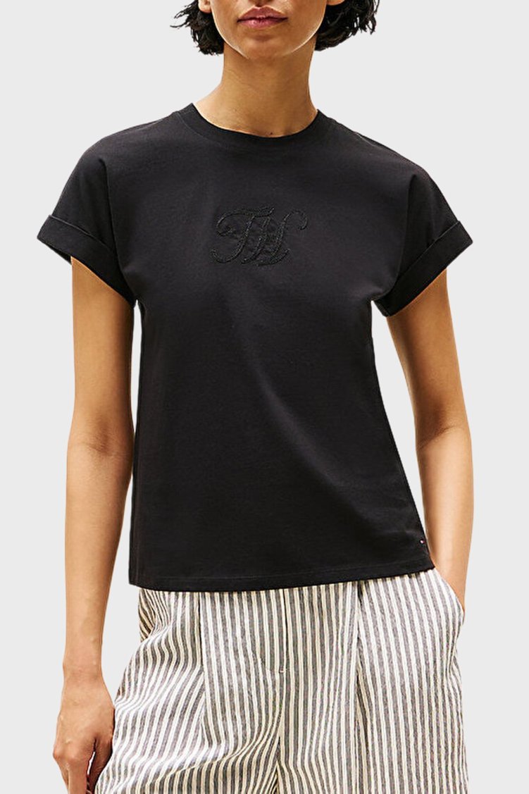 Tommy Hilfiger % 100 Pamuk Regular Fit Bisiklet Yaka Logolu Bayan T Shirt WW0WW47157 BDS SİYAH - Tommy Hilfiger