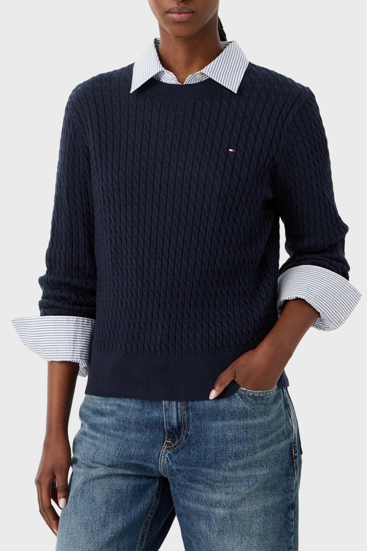 Tommy Hilfiger % 100 Pamuk Regular Fit Bisiklet Yaka Örgü Kadın Kazak WW0WW44993 C1G Lacivert - Tommy Hilfiger