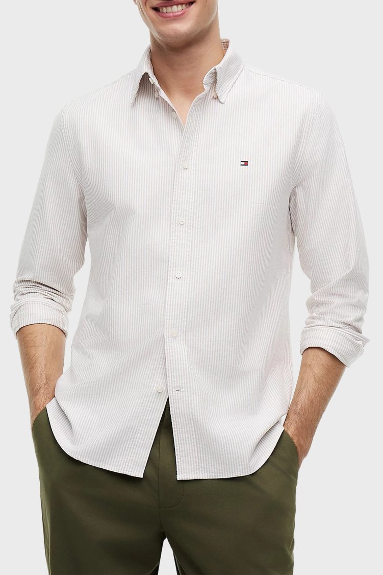 Tommy Hilfiger % 100 Pamuk Regular Fit Çizgili Erkek Gömlek MW0MW36238 0AA Bej - Tommy Hilfiger