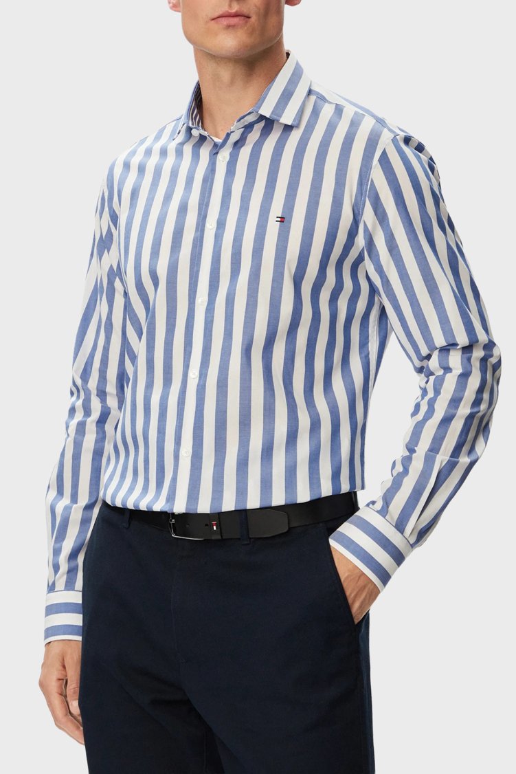 Tommy Hilfiger % 100 Pamuk Regular Fit Çizgili Erkek Gömlek MW0MW43757 C7F Mavi - Tommy Hilfiger