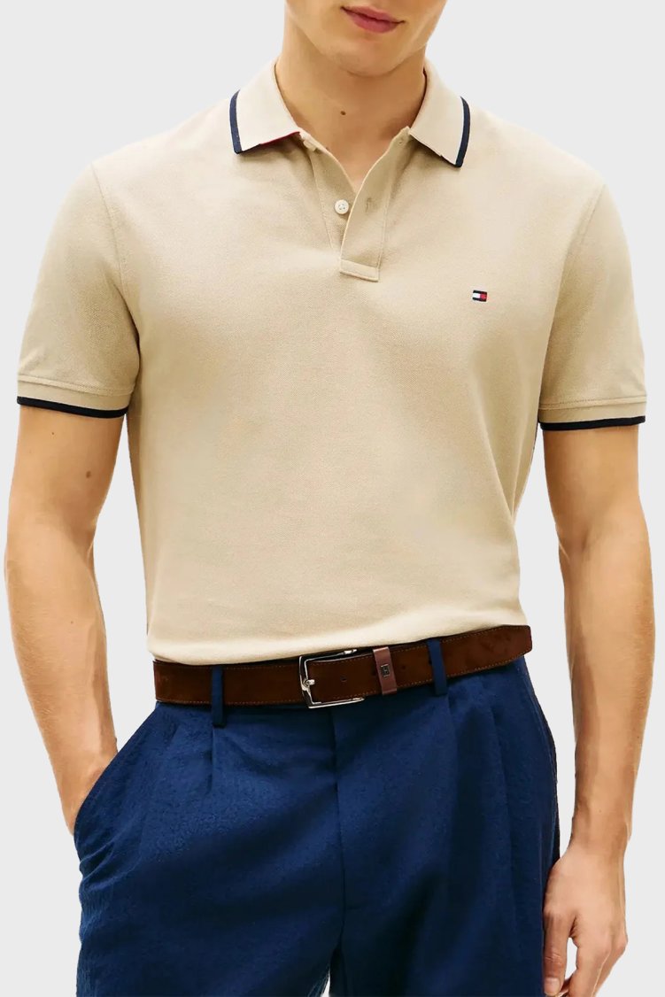 Tommy Hilfiger % 100 Pamuk Regular Fit Düğmeli Erkek Polo Yaka T Shirt MW0MW42748 RBT KUM - Tommy Hilfiger