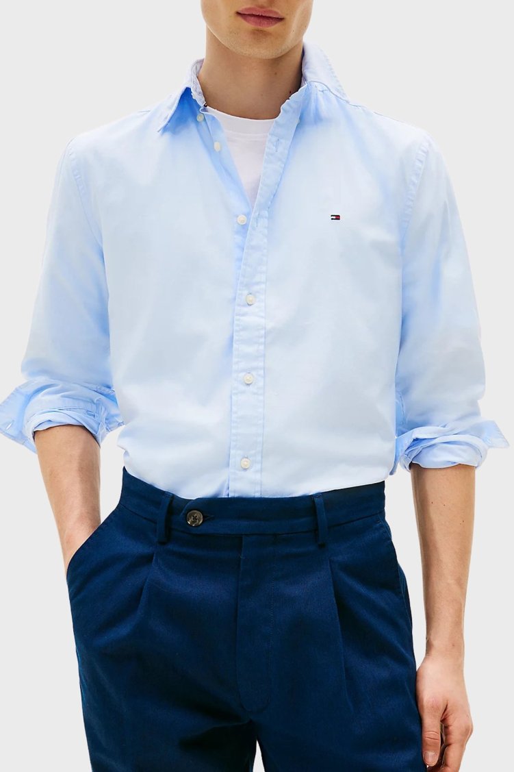 Tommy Hilfiger % 100 Pamuk Regular Fit Düğmeli Yaka Erkek Gömlek MW0MW39988 C3Q AÇIK MAVİ - Tommy Hilfiger