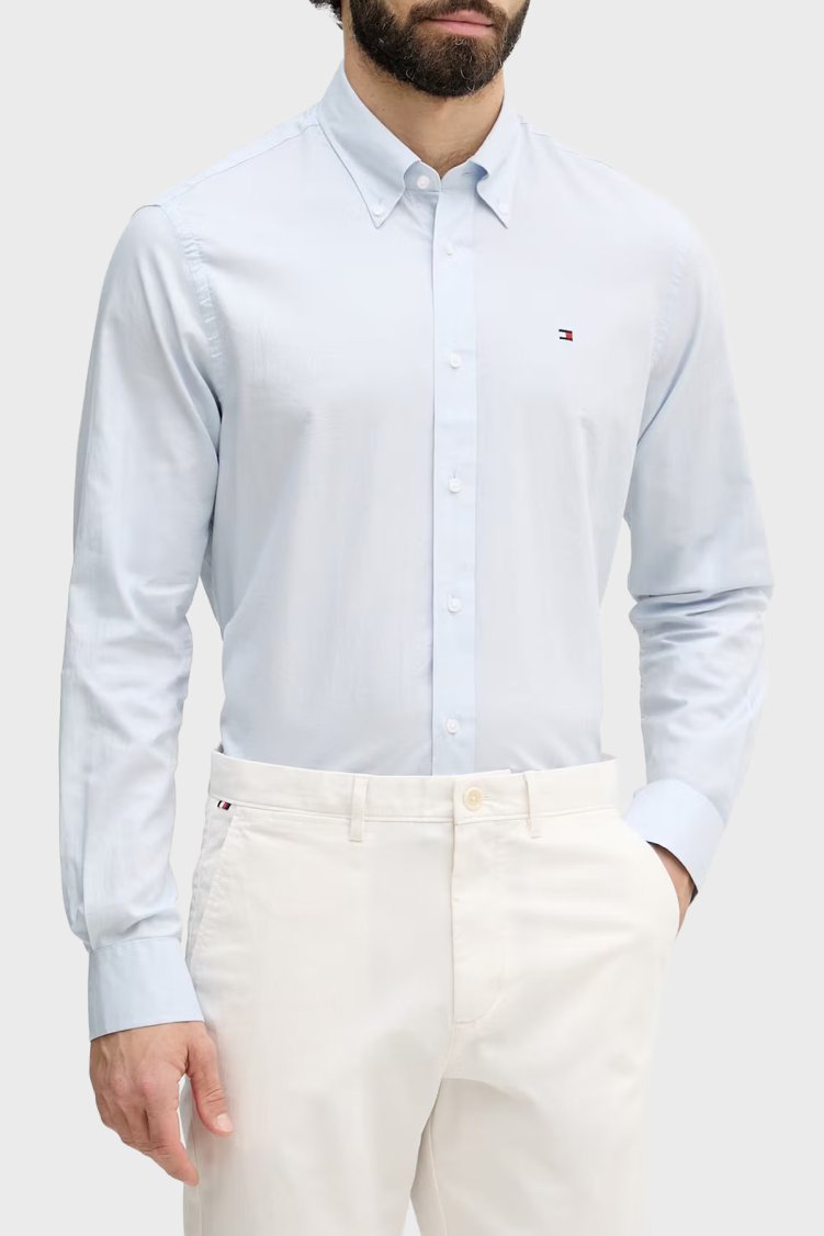 Tommy Hilfiger % 100 Pamuk Regular Fit Düğmeli Yaka Erkek Gömlek MW0MW42936 C14 Mavi - Tommy Hilfiger