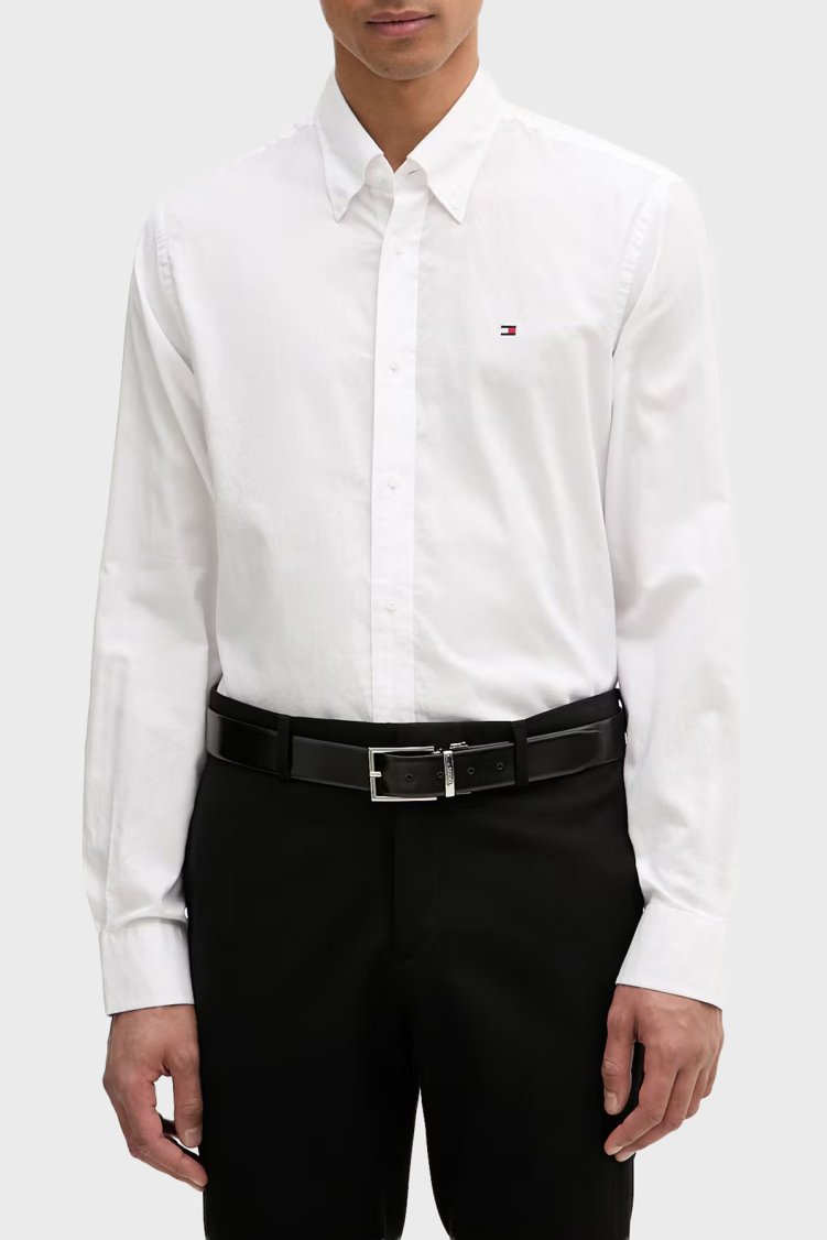 Tommy Hilfiger % 100 Pamuk Regular Fit Düğmeli Yaka Erkek Gömlek MW0MW42936 YBR Beyaz - Tommy Hilfiger