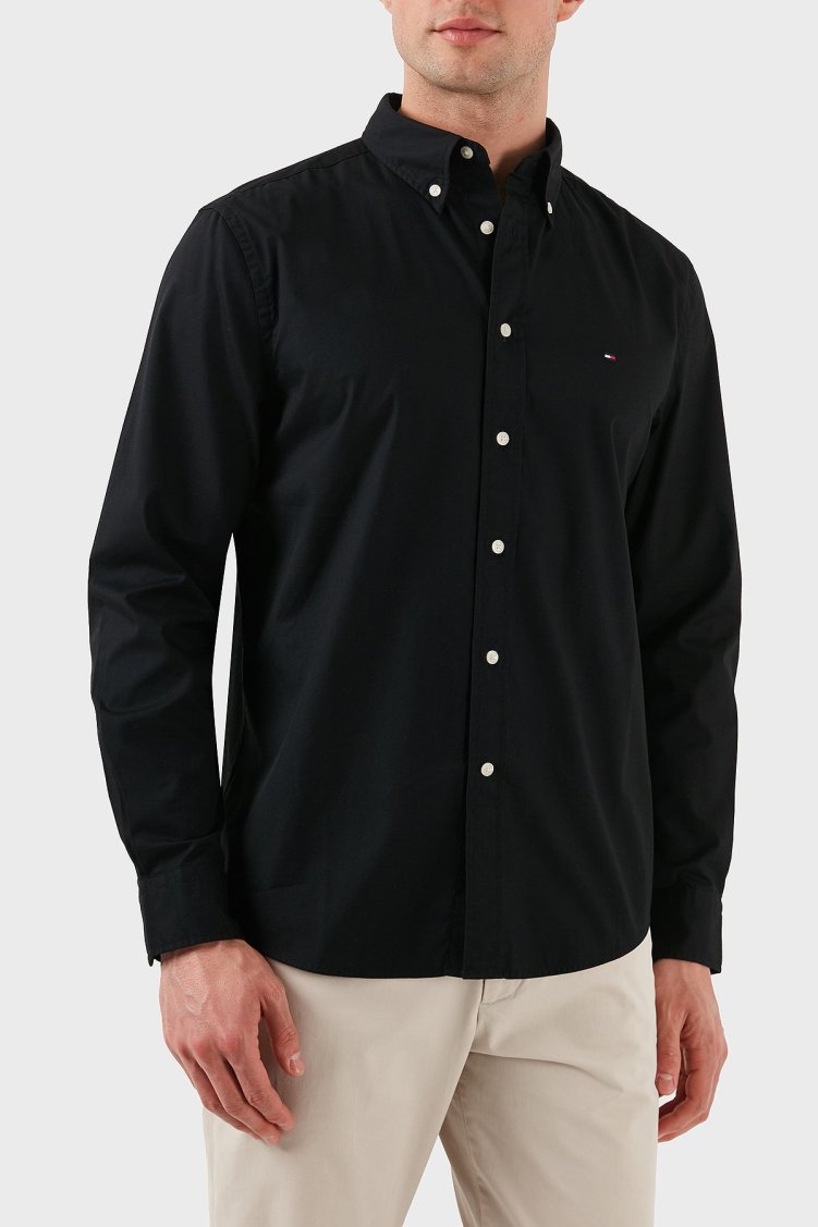 Tommy Hilfiger% 100 Pamuk Regular Fit Düğmeli Yaka Logolu Erkek Gömlek MW0MW39988 BDS SİYAH - Tommy Hilfiger