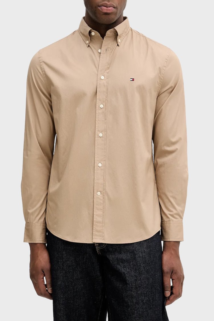 Tommy Hilfiger % 100 Pamuk Regular Fit Uzun Kollu Erkek Gömlek MW0MW37550 AFE BEJ - Tommy Hilfiger