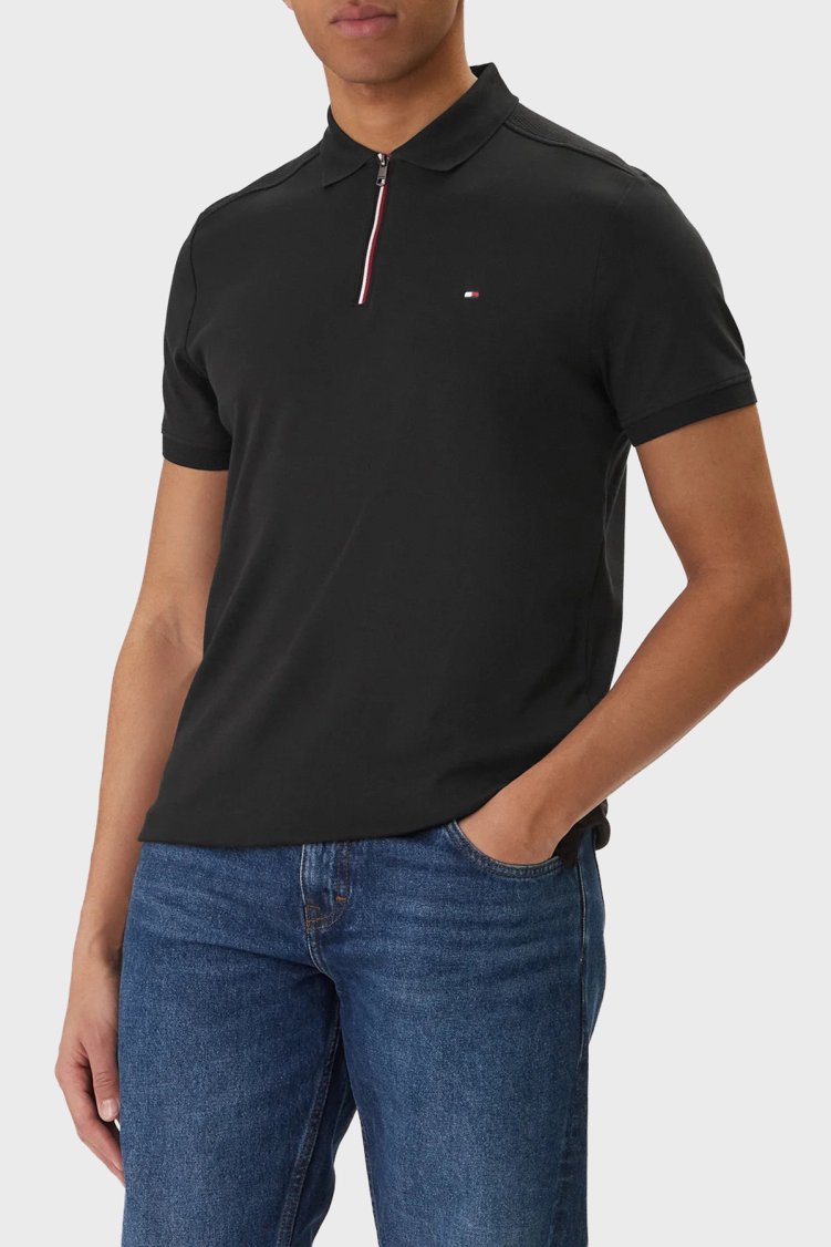 Tommy Hilfiger % 100 Pamuk Regular Fit Yarım Fermuarlı Erkek Polo Yaka T Shirt MW0MW41613 BDS SİYAH - Tommy Hilfiger