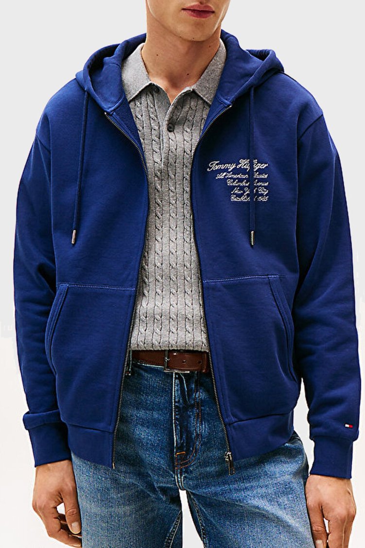Tommy Hilfiger % 100 Pamuk Relaxed Fit Kapüşonlu Logolu Erkek Sweat MW0MW39683 C7G MAVİ - Tommy Hilfiger