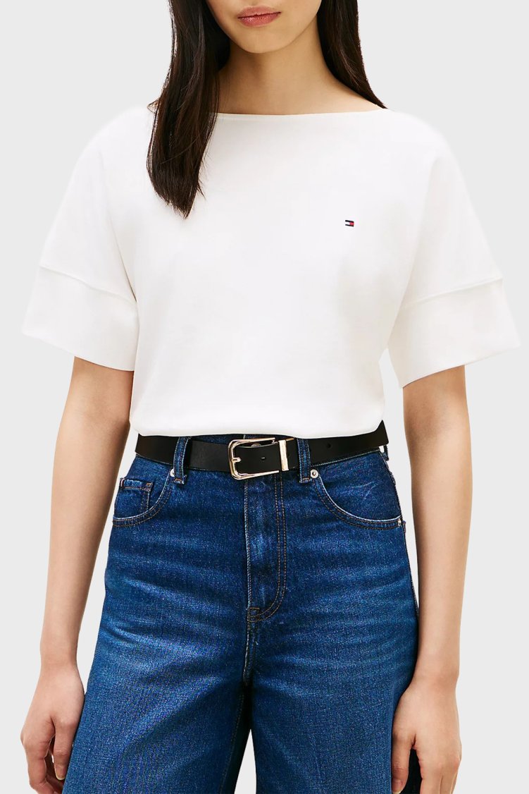 Tommy Hilfiger % 100 Pamuk Relaxed Fit Kayık Yaka Bayan T Shirt WW0WW49723 YBL BEYAZ - Tommy Hilfiger