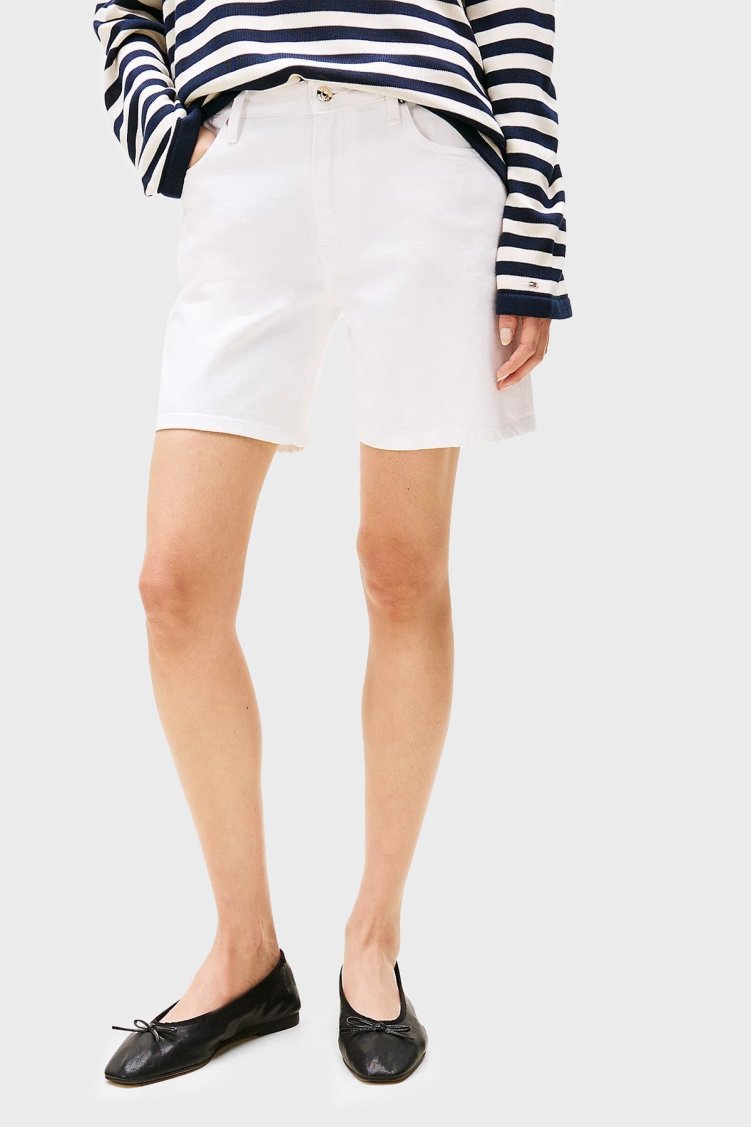Tommy Hilfiger % 100 Pamuk Straight Fit Yüksek Bel Mini Kot Bayan Short WW0WW45924 YCF BEYAZ - Tommy Hilfiger