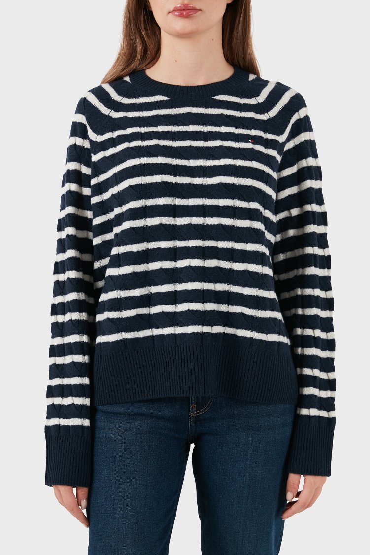 Tommy Hilfiger % 100 Yün Regular Fit Bisiklet Yaka Çizgili Bayan Kazak WW0WW48394 0Y7 LACİVERT-BEYAZ - Tommy Hilfiger