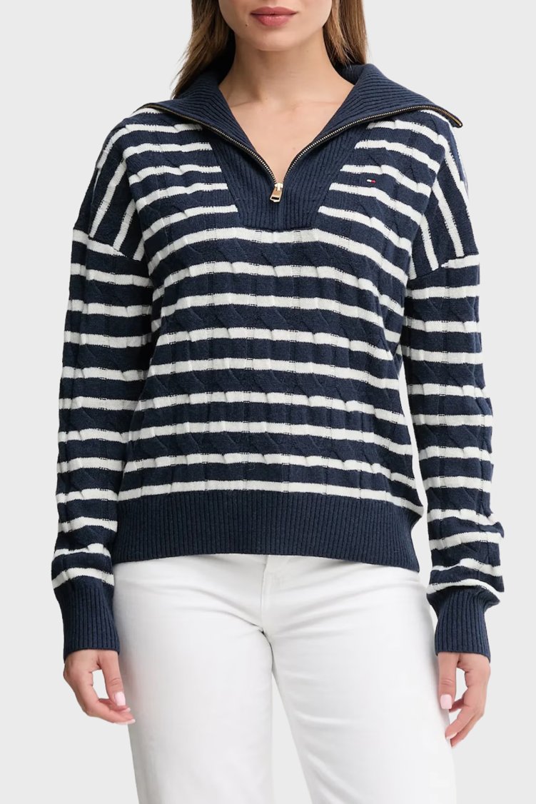 Tommy Hilfiger % 100 Yün Relaxed Fit Yarım Fermuarlı Dik Yaka Örgü Bayan Kazak WW0WW46425 0Y7 LACİVERT-BEYAZ - Tommy Hilfiger