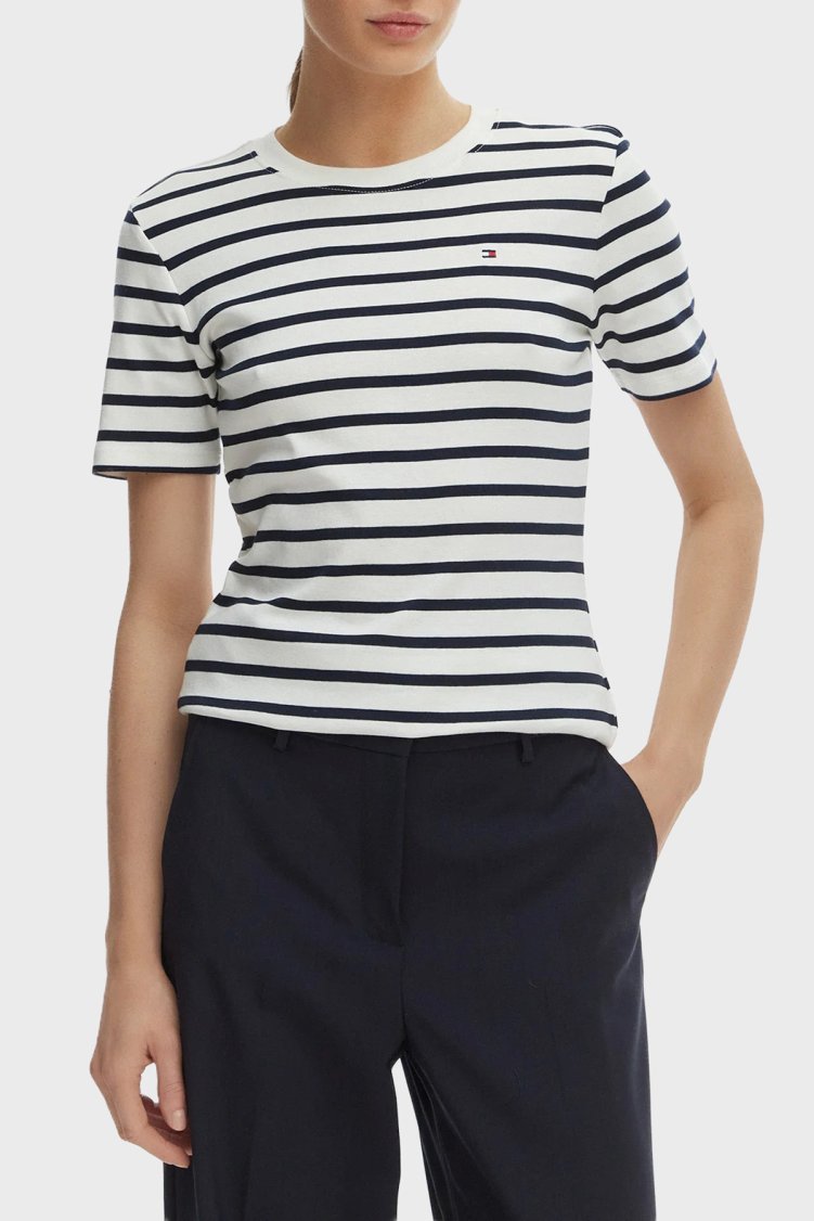 Tommy Hilfiger Çizgili % 100 Pamuk Slim Fit Bisiklet Yaka Kadın T Shirt WW0WW40587 03L BEYAZ-LACİVERT - Tommy Hilfiger