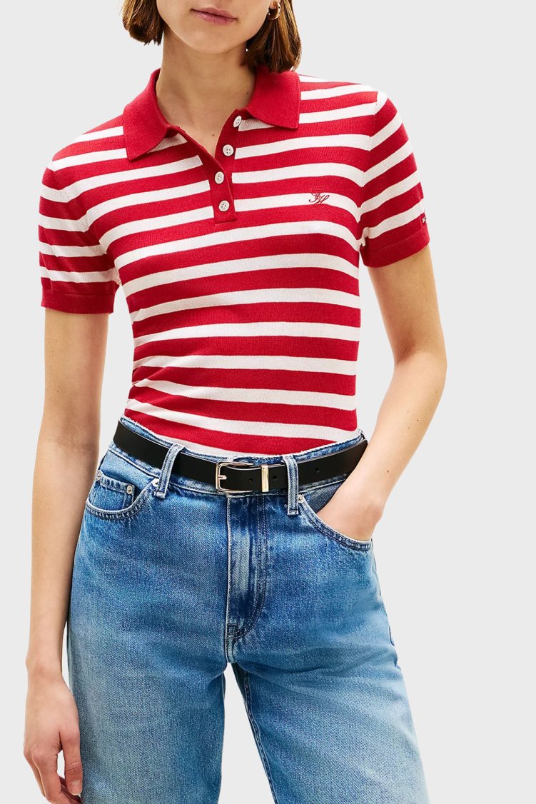 Tommy Hilfiger Çizgili İpek Karışımlı Kısa Kollu Düğmeli Kadın Polo Yaka Kazak WW0WW48503 04W KIRMIZI-BEYAZ - Tommy Hilfiger