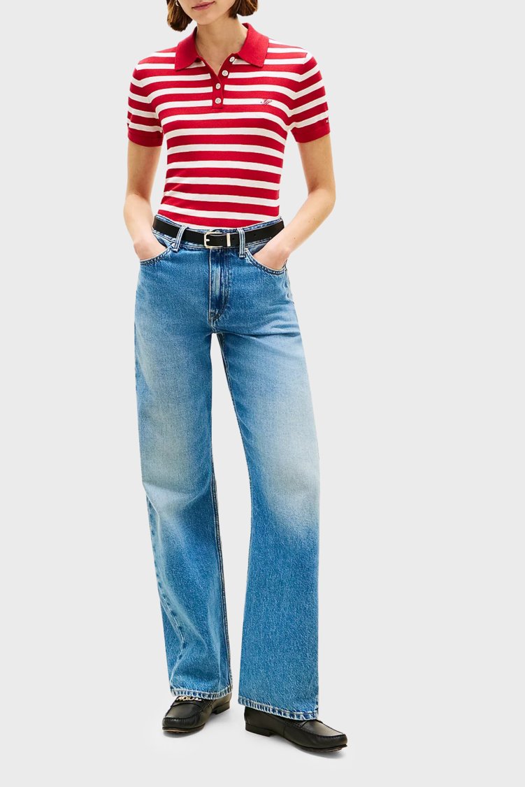 Tommy Hilfiger Çizgili İpek Karışımlı Kısa Kollu Düğmeli Kadın Polo Yaka Kazak WW0WW48503 04W KIRMIZI-BEYAZ - Tommy Hilfiger (1)