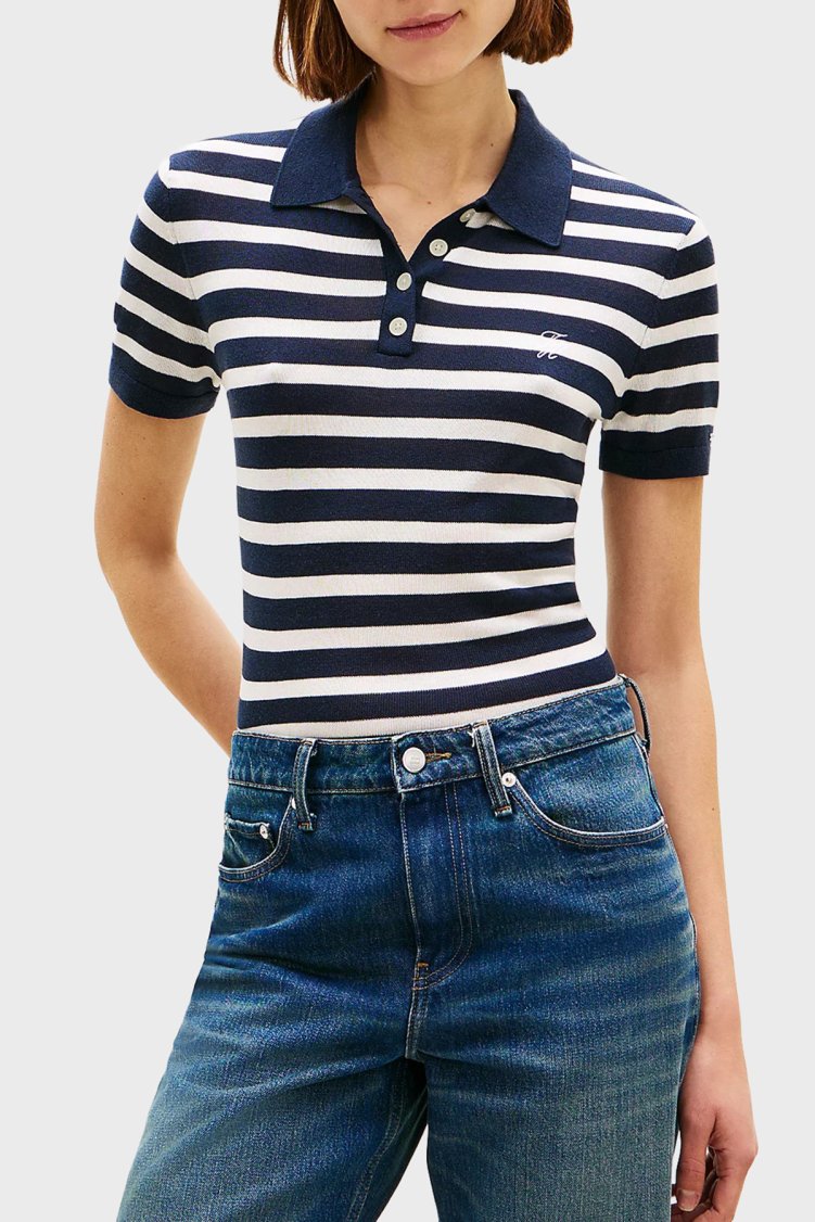 Tommy Hilfiger Çizgili İpek Karışımlı Kısa Kollu Düğmeli Kadın Polo Yaka Kazak WW0WW48503 0A5 LACİVERT-BEYAZ - Tommy Hilfiger