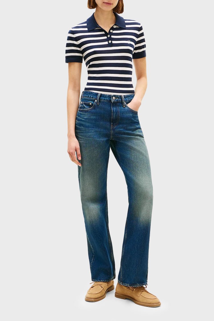 Tommy Hilfiger Çizgili İpek Karışımlı Kısa Kollu Düğmeli Kadın Polo Yaka Kazak WW0WW48503 0A5 LACİVERT-BEYAZ - Tommy Hilfiger (1)