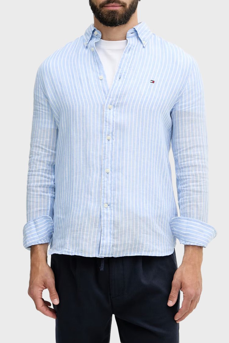 Tommy Hilfiger Çizgili Keten Regular Fit Uzun Kollu Erkek Gömlek MW0MW42400 0A5 MAVİ-BEYAZ - Tommy Hilfiger