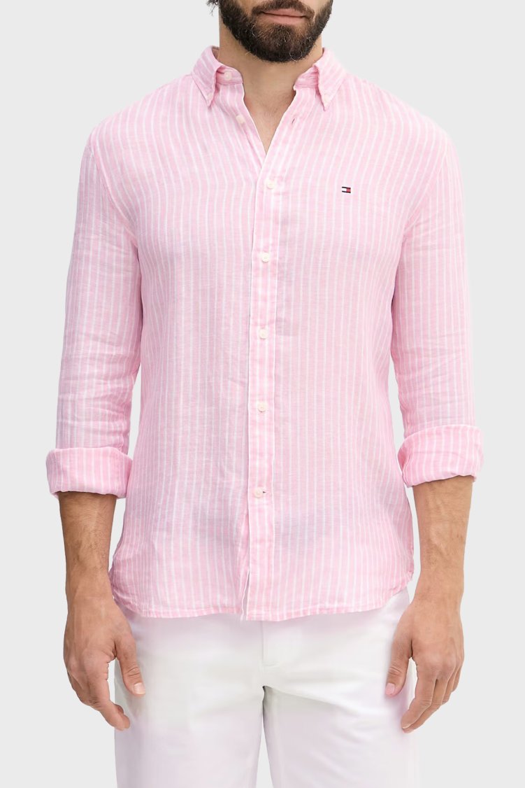 Tommy Hilfiger Çizgili Keten Regular Fit Uzun Kollu Erkek Gömlek MW0MW42400 0D1 PEMBE-BEYAZ - Tommy Hilfiger