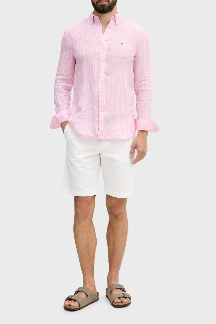 Tommy Hilfiger Çizgili Keten Regular Fit Uzun Kollu Erkek Gömlek MW0MW42400 0D1 PEMBE-BEYAZ - Tommy Hilfiger (1)