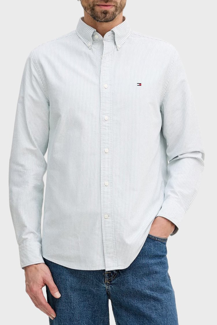 Tommy Hilfiger Çizgili Pamuklu Regular Fit Düğmeli Yaka Erkek Gömlek MW0MW36238 0CD YEŞİL - Tommy Hilfiger