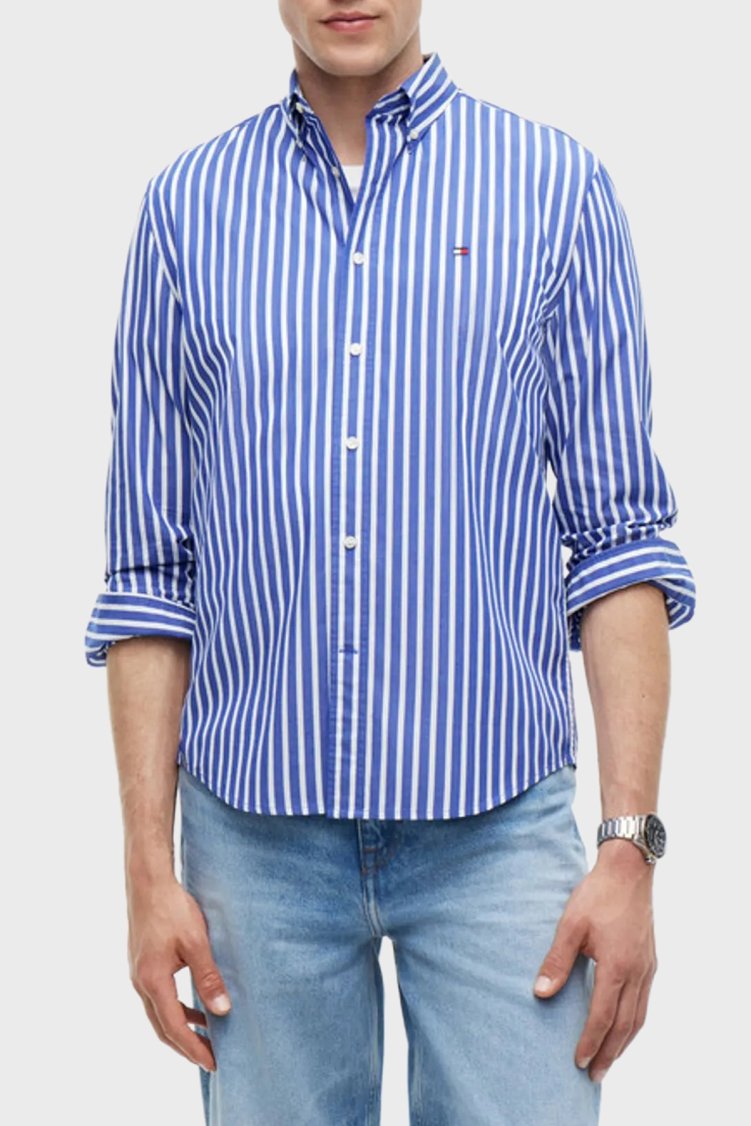 Tommy Hilfiger Çizgili Pamuklu Regular Fit Uzun Kollu Erkek Gömlek MW0MW43315 0A5 Mavi-beyaz - Tommy Hilfiger