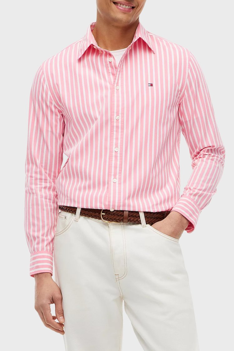 Tommy Hilfiger Çizgili Pamuklu Regular Fit Uzun Kollu Erkek Gömlek MW0MW43315 0D1 Pembe-beyaz - Tommy Hilfiger