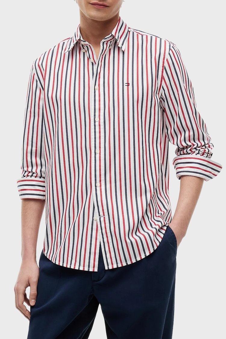 Tommy Hilfiger Çizgili Pamuklu Regular Fit Uzun Kollu Erkek Gömlek MW0MW43315 0EV Beyaz-kırmızı-lacivert - Tommy Hilfiger