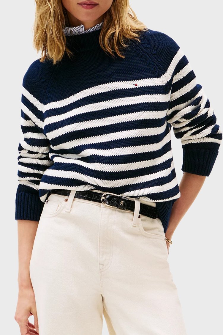 Tommy Hilfiger Çizgili Relaxed Fit Yarım Balıkçı Yaka Bayan Kazak WW0WW46759 0BD MAVİ - Tommy Hilfiger