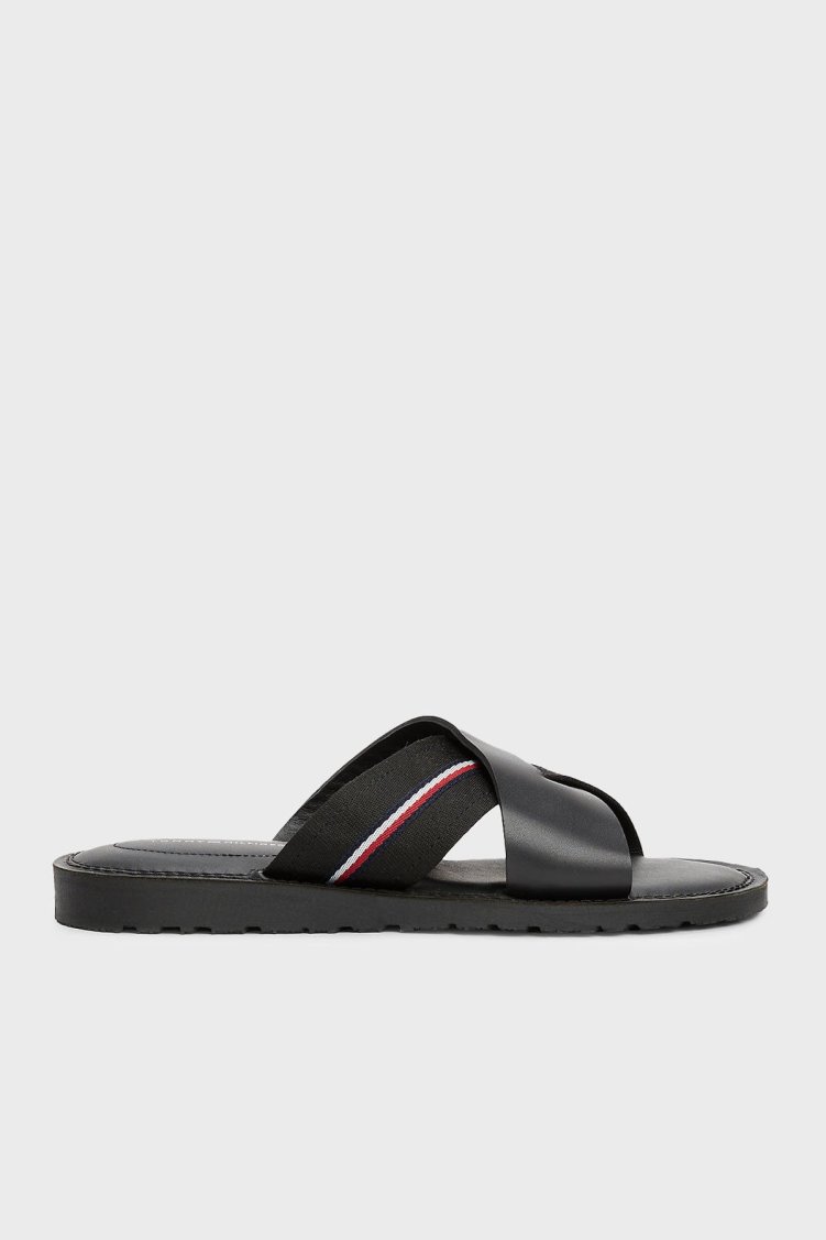 Tommy Hilfiger Deri Logolu Erkek Sandalet FM0FM05415 BDS SİYAH - Tommy Hilfiger